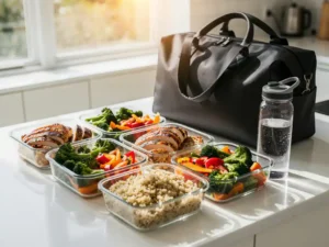 Kleurrijke maaltijdprep met gegrilde kip, geroosterde groenten en quinoa in portievbakjes, gymtas en waterfles op aanrecht.