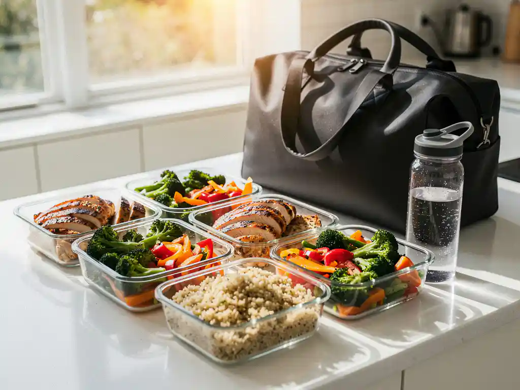 Kleurrijke maaltijdprep met gegrilde kip, geroosterde groenten en quinoa in portievbakjes, gymtas en waterfles op aanrecht.