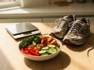 Kleurrijke maaltijdprepbowl met groenten naast worn hardloopschoenen en voedselweegschaal op houten keukenblad in ochtendlicht.