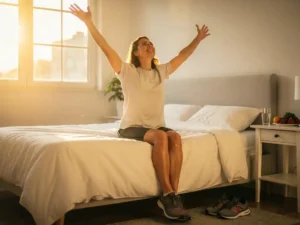 Persoon die uitgerekt wakker wordt naast zonnig raam, met water, fruit en hardloopschoenen op de achtergrond in warme ochtendsfeer.