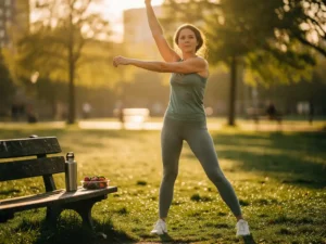 Persoon die zich uitrekt in een zonnig Rotterdam park tijdens het gouden uur, met waterles en vers fruit op een houten bank.