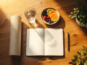 Ochtendroutine met glas water, vers fruit, opgerolde yogamat en open dagboek op houten ondergrond in warm ochtendlicht.