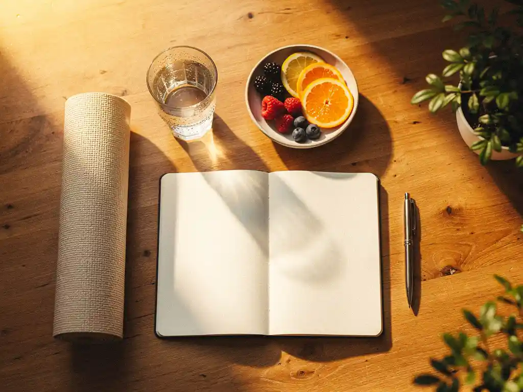 Ochtendroutine met glas water, vers fruit, opgerolde yogamat en open dagboek op houten ondergrond in warm ochtendlicht.