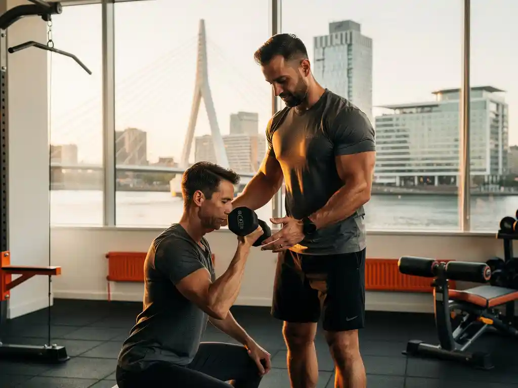 Personal trainer begeleidt cliënt met dumbbell oefening in moderne Rotterdam gym met stadsgezicht op de achtergrond.