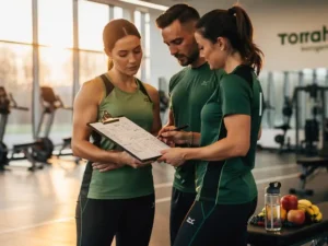 Persoonlijke trainer en cliënt bekijken voedings- en trainingsplan op klembord in moderne Rotterdamse sportschool, fruit en waterfles op bank.