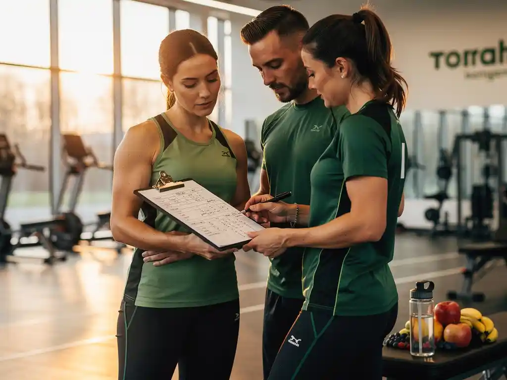Persoonlijke trainer en cliënt bekijken voedings- en trainingsplan op klembord in moderne Rotterdamse sportschool, fruit en waterfles op bank.
