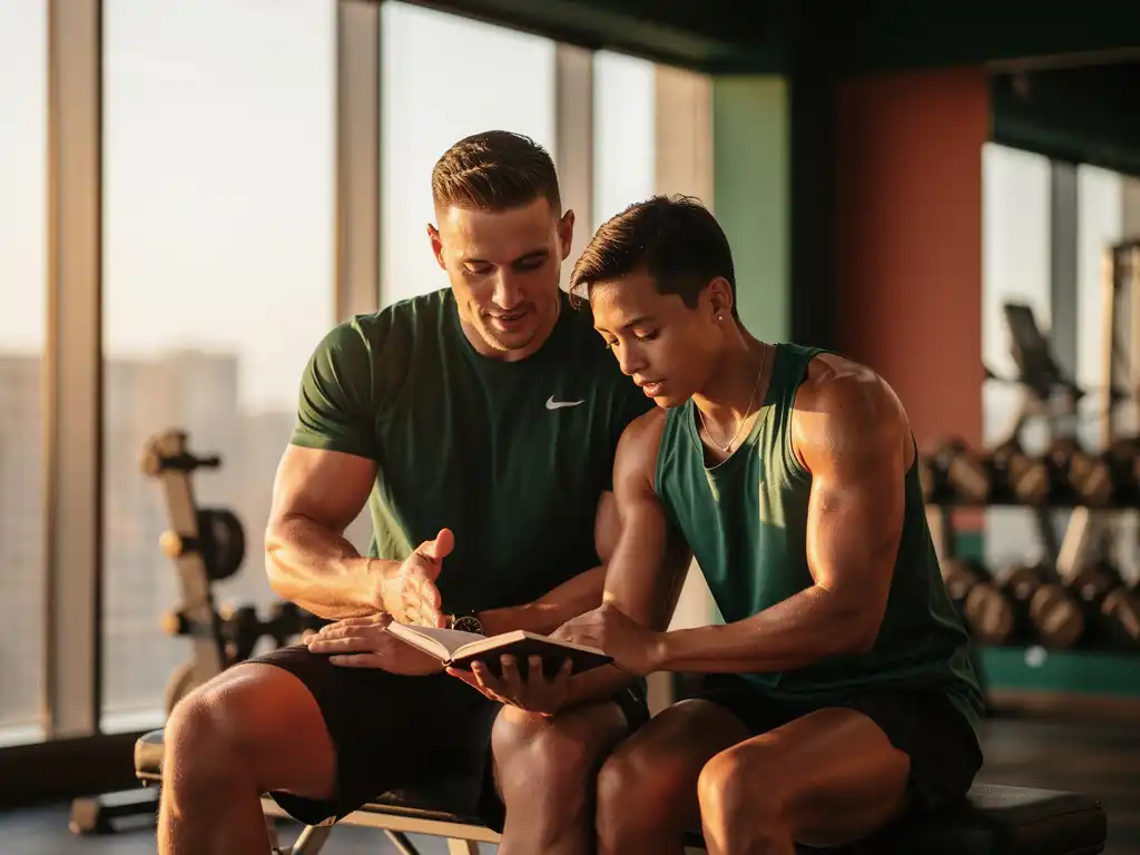 Personal trainer en lid bekijken samen een voortgangsjournal op een gymbank, warm modern fitnessstudio op de achtergrond.