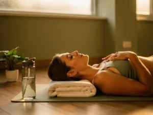 Persoon liggend op yogamat in wellness studio, ogen gesloten, hand op borst, omgeven door warm amberkleurig licht.