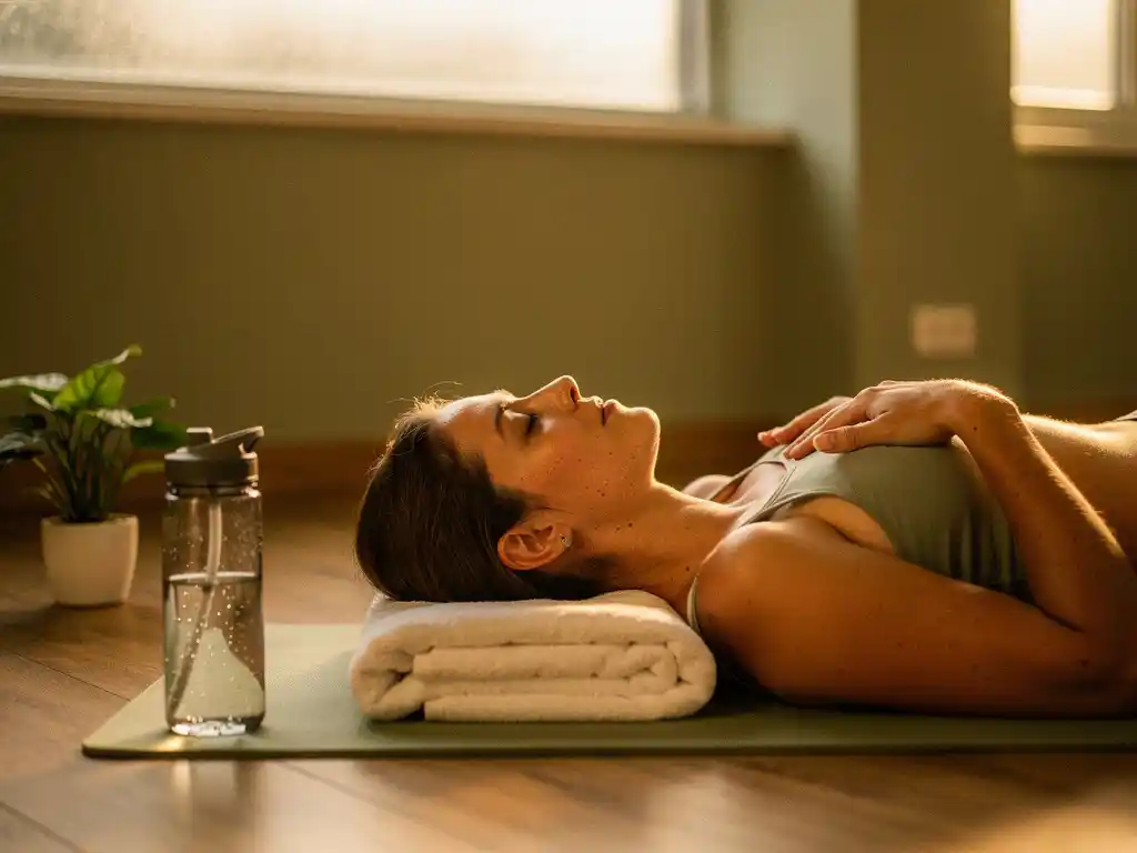 Persoon liggend op yogamat in wellness studio, ogen gesloten, hand op borst, omgeven door warm amberkleurig licht.