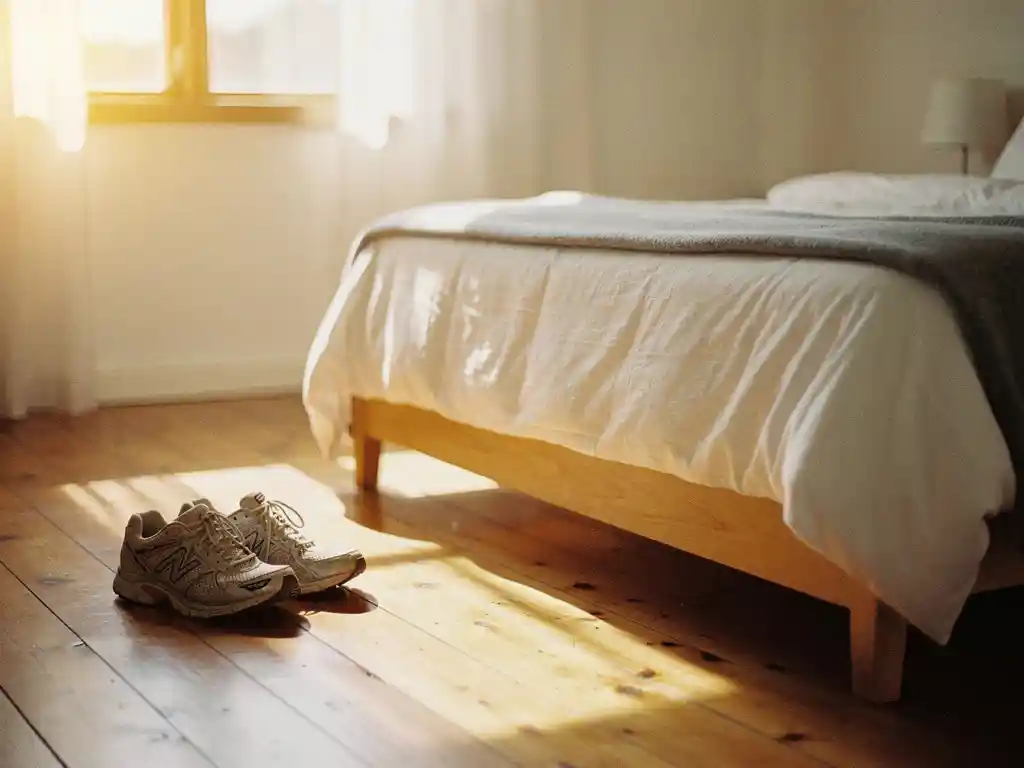 Opgemaakt bed met wit linnen en grijze deken, worn hardloopschoenen op houten vloer in gouden avondlicht.