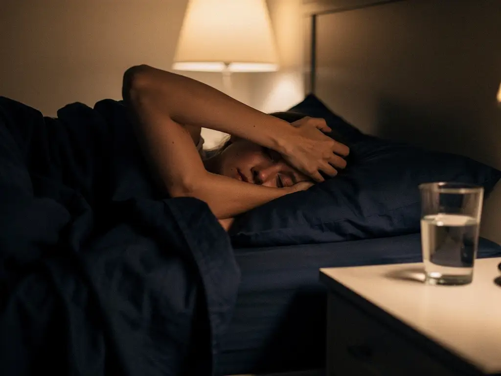 Persoon liggend wakker in bed met arm over ogen, warm amberkleurig nachtkastlampje verlicht verkreukeld linnengoed en half leeg glas water.
