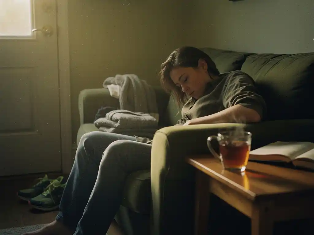 Vermoeide persoon onderuitgezakt op bank in schemerlicht, met onaangeroerd kopje thee en verlaten hardloopschoenen bij de deur.