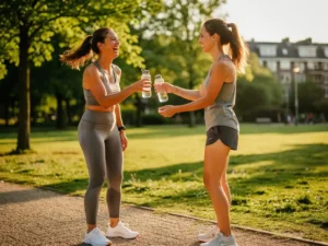 Twee vrienden in sportkleding lachen na een workout in een zonnig Rotterdams park, één reikt de ander een waterfles aan.