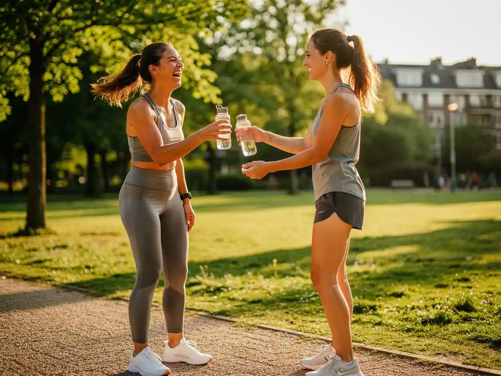 Twee vrienden in sportkleding lachen na een workout in een zonnig Rotterdams park, één reikt de ander een waterfles aan.