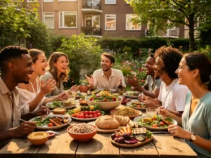 Diverse vrienden lachen samen aan een zonnige buitentafel in Rotterdam met kleurrijke groenten en volkorengerechten.