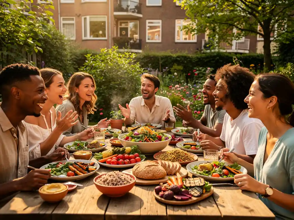 Diverse vrienden lachen samen aan een zonnige buitentafel in Rotterdam met kleurrijke groenten en volkorengerechten.