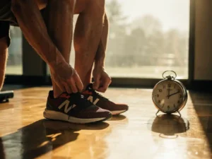 Persoon die vroeg in de ochtend sportschoenen vaststrikt op een houten gymvloer, warm gouden zonlicht en analoge klok op de achtergrond.