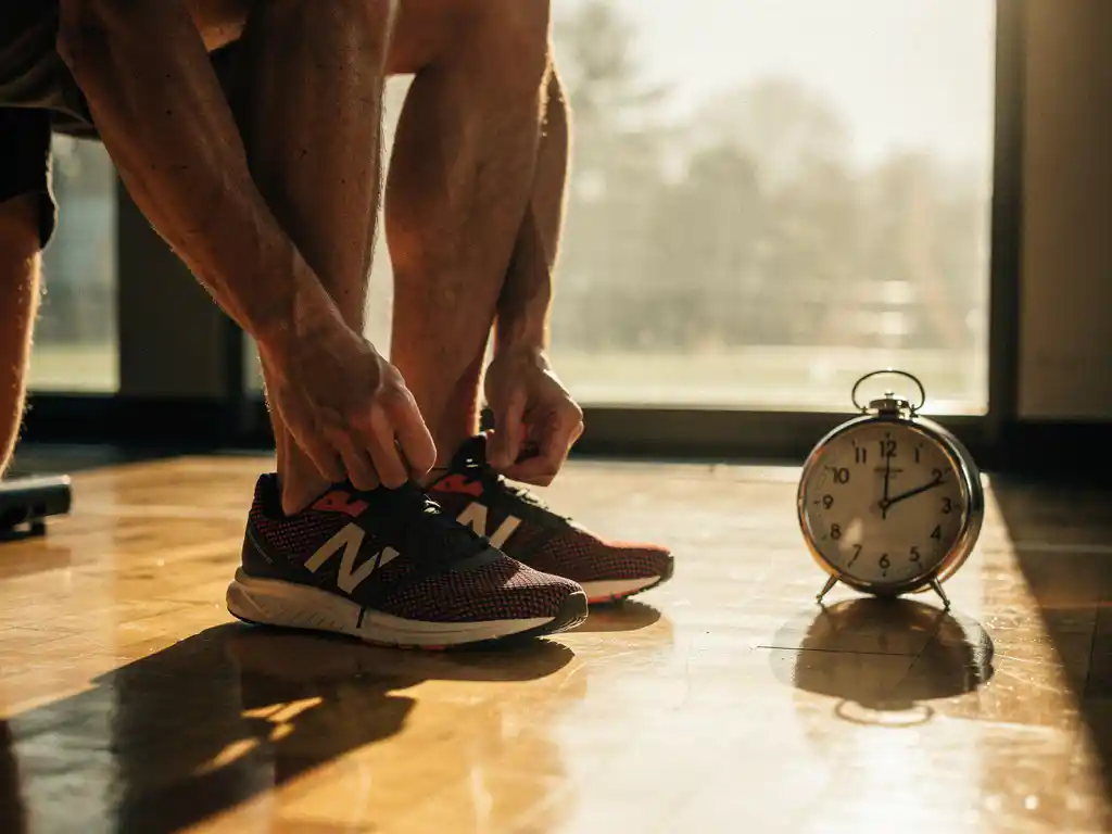 Persoon die vroeg in de ochtend sportschoenen vaststrikt op een houten gymvloer, warm gouden zonlicht en analoge klok op de achtergrond.