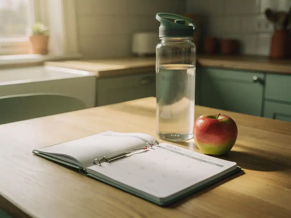 Opengeslagen weekplanner op houten keukentafel met een gevulde waterfles en verse appel in zacht ochtendlicht.