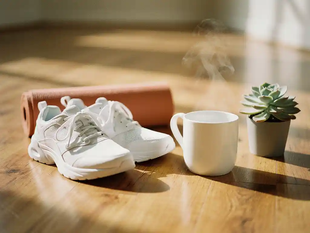 Witte sportschoenen en opgerolde yogamat op houten vloer, met dampende mok en vetplant in zacht ochtendlicht.