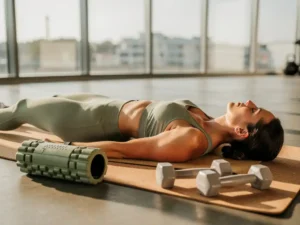 Persoon in sportkleding die een liggende yogarek uitvoert op een kurkmat, met foamroller en dumbbells op de achtergrond.