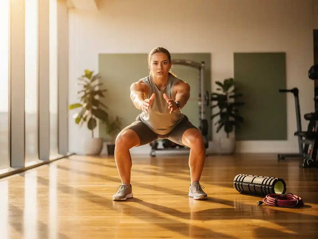 Persoon die een squat uitvoert in een lichte sportschool met houten vloer, schuim roller en weerstandsband op de achtergrond.